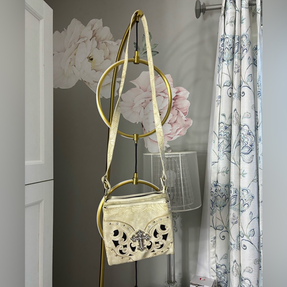 Cream Crossbody Purse with Cross rhinestone design